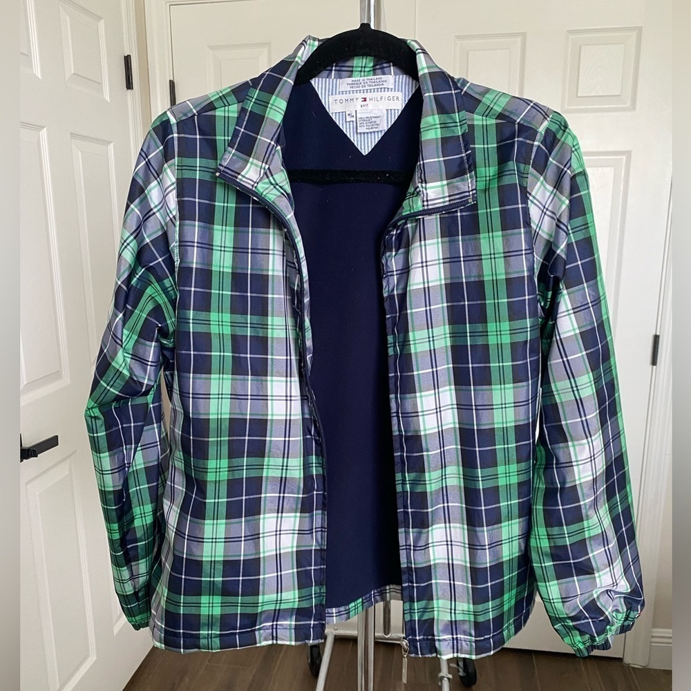 Tommy Hilfiger Coat Jacket Green Blue Plaid Golf Wind Breaker size Medium